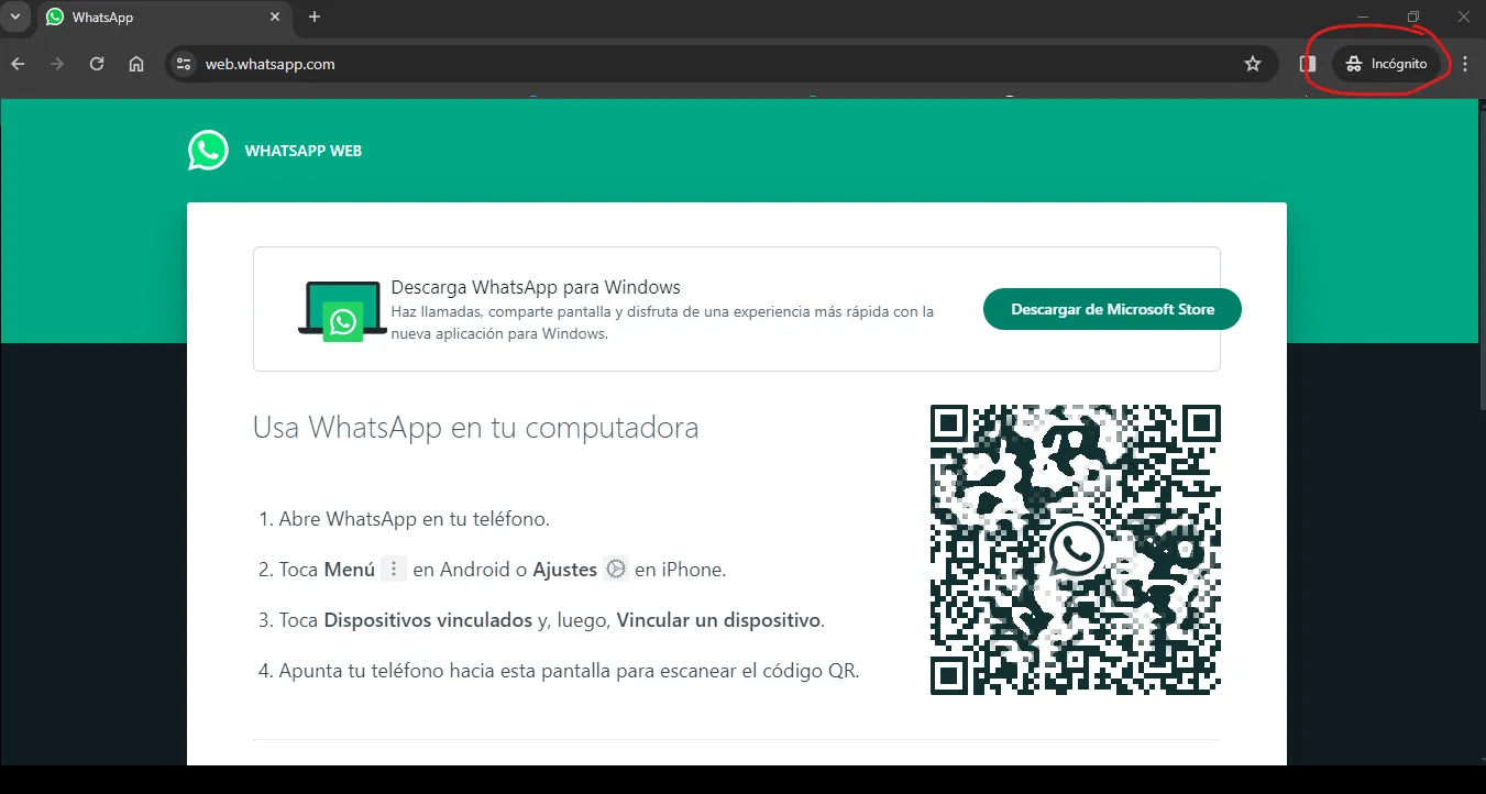 Whatsapp Ventana de Incognito